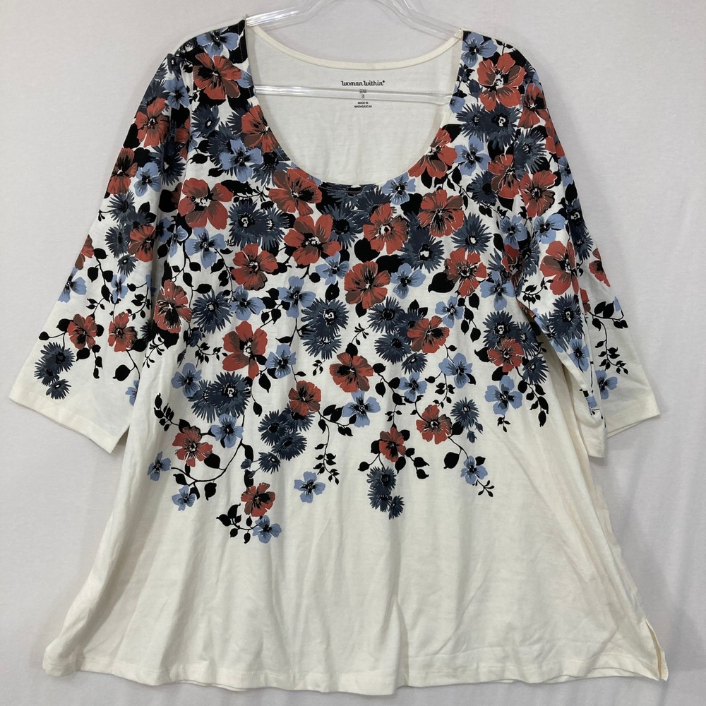 Woman Within Top size 22/24 White Floral 3/4‎ Sleeve Scoop Neck Cotton Stretch